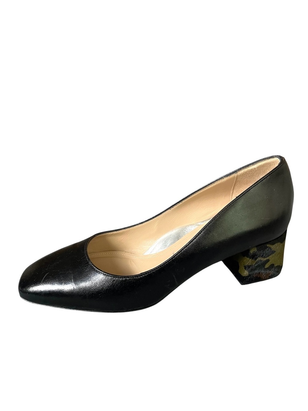 RON WHITE Black Leather Camo Patterned Block Heel Ballet Pumps 37